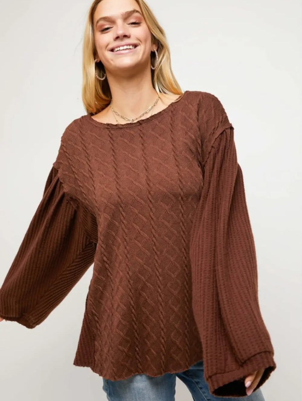Davi & Dani Women’s Large Brown Textured Knit Top Balloon Sleeve Boho Pullover - Picture 4 of 6